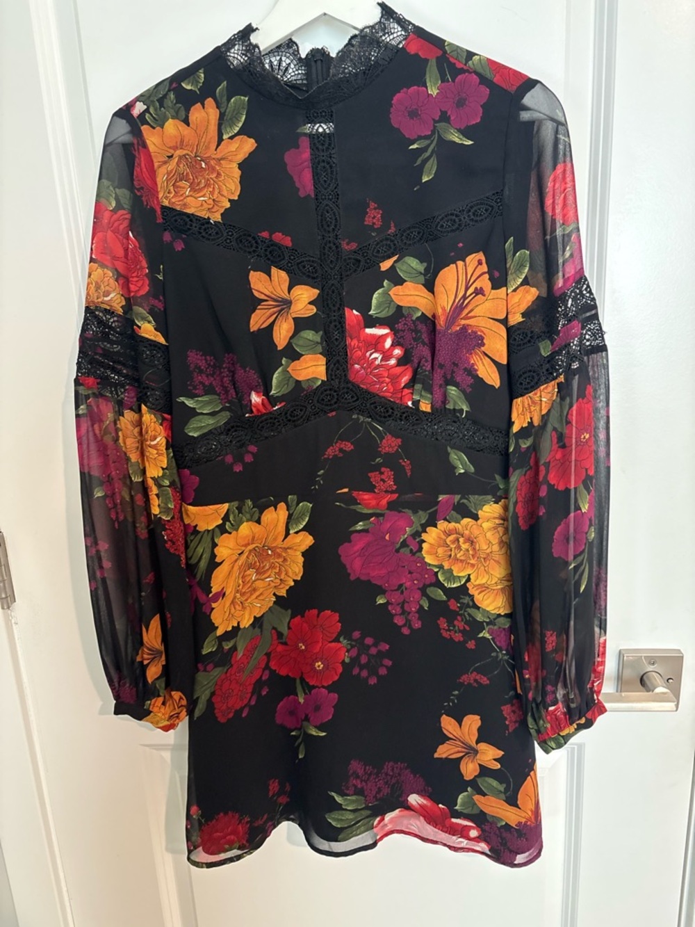 Guess by Marciano Black Floral Lace-Trim Long Sleeve Mini Dress